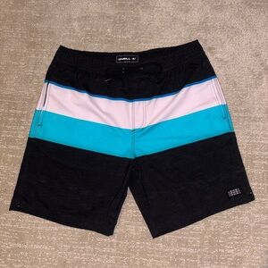O'Neill Men's Size M Striped Board Shorts Swim Trunks Black Pink Blue